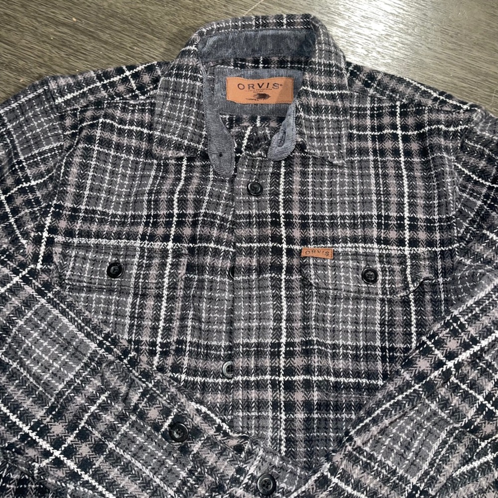 Orvis Mens M Grey Plaid Flannel Shirt Corduroy Trim Long Sleeve Button Down